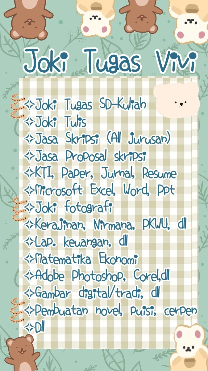 hoskben's tweet photo. ☆ Joki Tugas Vivi Already Open ☆
♡⑅꒱ Joki Tugas SD-Kuliah
♡⑅꒱ Joki Tulis,Ketik
♡⑅꒱ Paper, Jurnal, KTI, PKM, Proposal, Skripsi
♡⑅꒱ Gambar Digital/Tradi, Peta, Nirmana, Polihedral
♡⑅꒱ Joki Real-Time/Ulangan
#jokitugas #Zonabu #zonaba #zonauang #zonacuan #zonajajan https://t.co/BaN3IV6aev