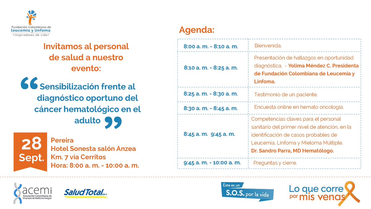 LeucemiaLinfoma's tweet photo. Hoy queremos invitarte a ser parte de nuestro #SOSPorLaVida, asistiendo al evento de este miércoles 28 de septiembre.
Inscríbete aquí:
https://t.co/93RDHdGAxL
#LoQueCorrePorMisVenas
#AliadosDeVida #PersonalMedico #Pereira #Acemi #saludtotalEPS
@acemi_gremio @saludtotal https://t.co/MsAXOvXNVf