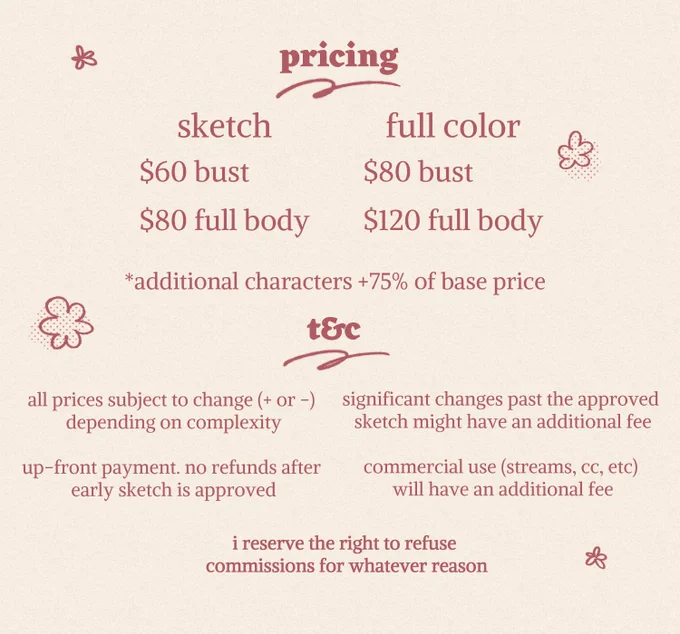 [rts appreciated]my commissions are open!if you are interested, please send me a dm on twitter or send an email to bunsketchesbsns.com with the proper specifications as well as any details/references. thank you!!  