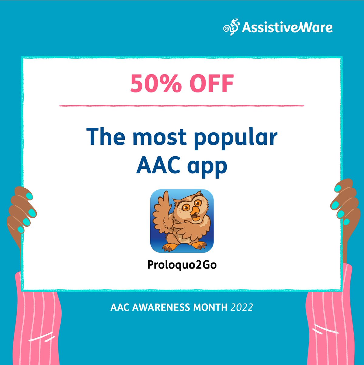 AssistiveWare's tweet photo. Get #Proloquo2Go, #Pictello, #Proloquo4Text at half price from October 11 -17. 
#AACMonthDiscount #AACMonth22 https://t.co/3vXDgfTsVA 
Four slides of a white card held up by brown hands with teal nail polish. https://t.co/megQdc1flq