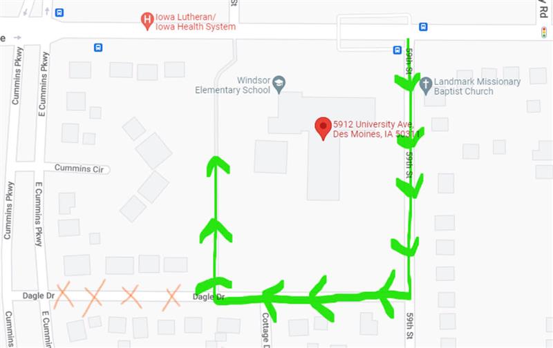 WindsorCatsDMPS's tweet photo. If you are picking up a student or students after school from the West Doors (parking lot) please follow these instructions:
-Go down Dagle and make a right turn into our parking lot. That is the direction of the line and that is the place you need to go to get into line. https://t.co/lnkMqxataK