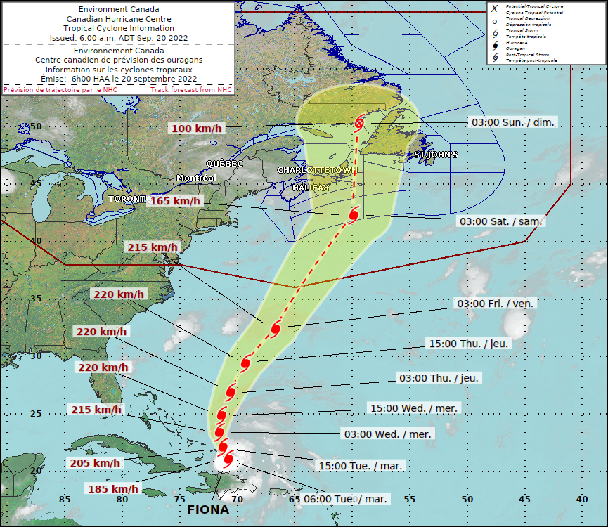 JayScotland's tweet photo. Latest @ECCC_CHC track for Hurricane #Fiona continues to trend west. While there's still lots of time for change, now is the time to secure loose outdoor objects, clear downspouts and stock your emergency kit. TROPICAL CYCLONE STATEMENT has been issued: https://t.co/zG6rvKtbEG https://t.co/hg78snyNtt