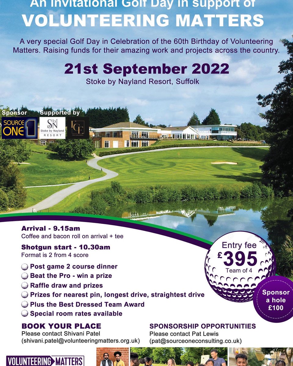 FREE DAYS GOLF FOR 4! We are all looking forward to the <a href="/volunteering_uk/">Volunteering Matters</a> Golf Day tomorrow sponsored by <a href="/1Sourceone/">Source One Interiors</a> and supported by <a href="/FCE_UK/">FCE</a>. We have an opportunity for a team of four to play for FREE at Stoke By Nayland. Sadly one team has had to drop out due to work First Come!