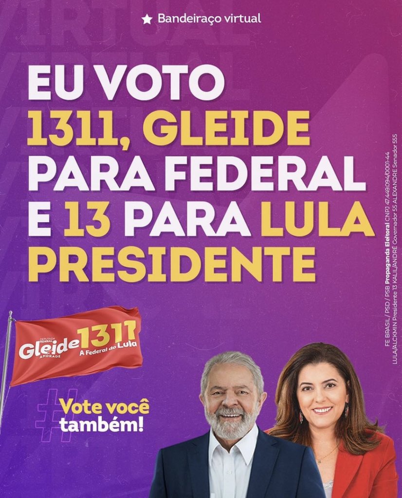 gleidept13's tweet photo. 🚩 BANDEIRAÇO VIRTUAL EM APOIO À NOSSA CAMPANHA🚩

Participe usando #Gleide1311 no Twitter e marcando o @ daquela pessoa que ainda está indecisa sobre o voto❤️

Compartilhe a imagem na sua rede e vamos fazer a diferença!⭐ https://t.co/WtwYD8KipD
