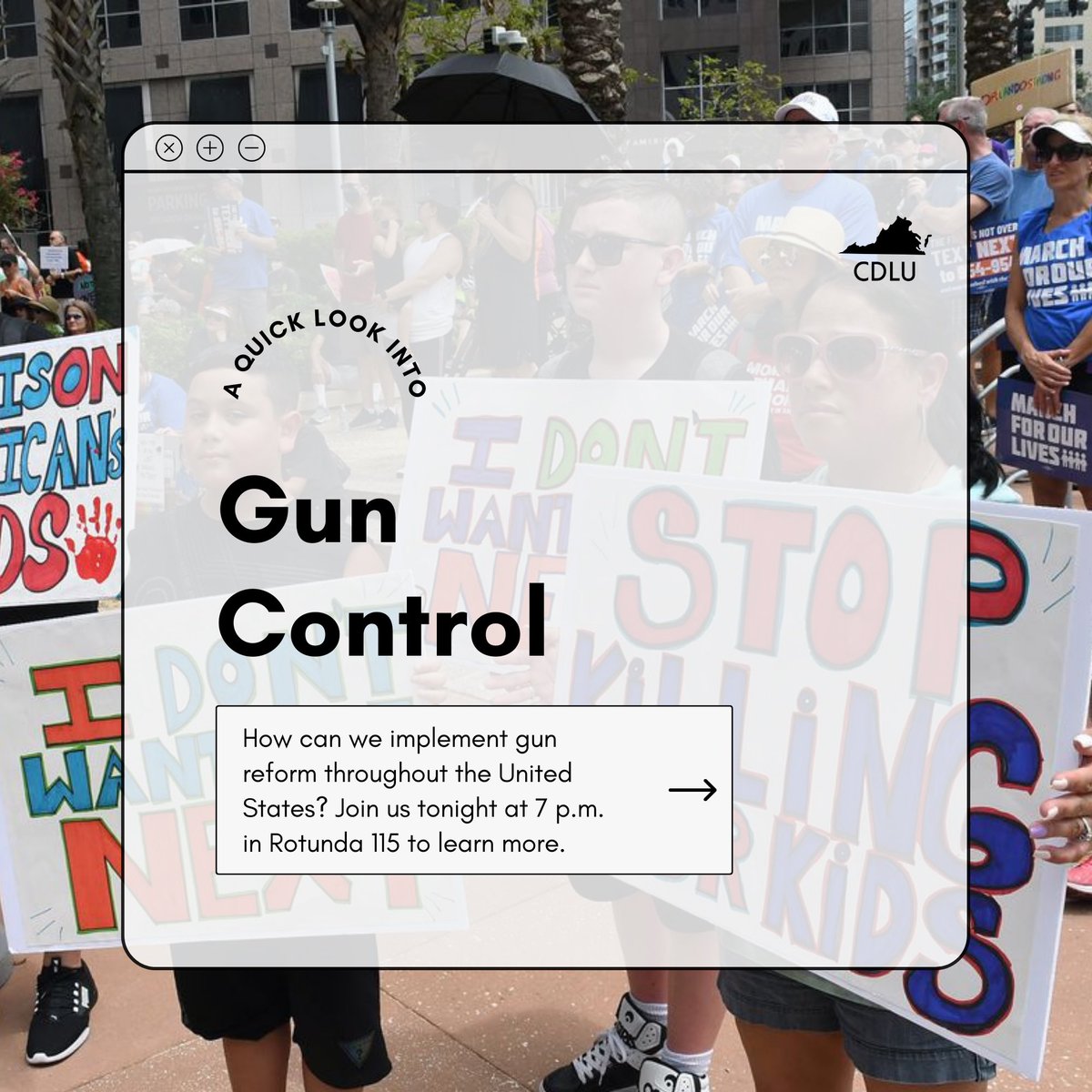 CollegeDemsLU's tweet photo. Join us tonight in Rotunda 115 at 7 p.m. to discuss and debate gun control in the United States. Students from all political backgrounds are welcome to attend. https://t.co/mySY4yDM3B