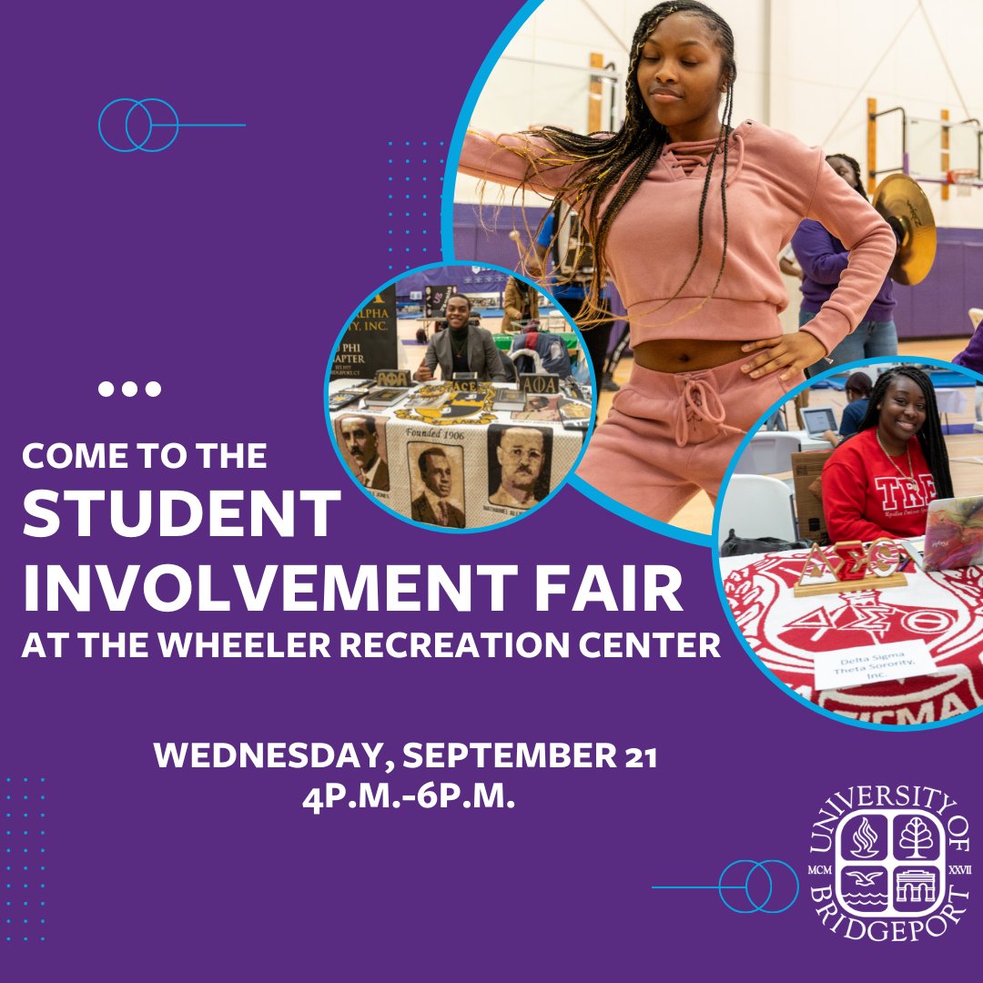 UBridgeport's tweet photo. Come to the Student Involvement Fair at The Wheeler Recreation Center on Wednesday, September 21 at 4 p.m.-6 p.m. 
See you there! 💜🗡 
#ub #ubknights #universityofbridgeport #studentlife #studentinvolvementfair https://t.co/tFgq7AZXBV