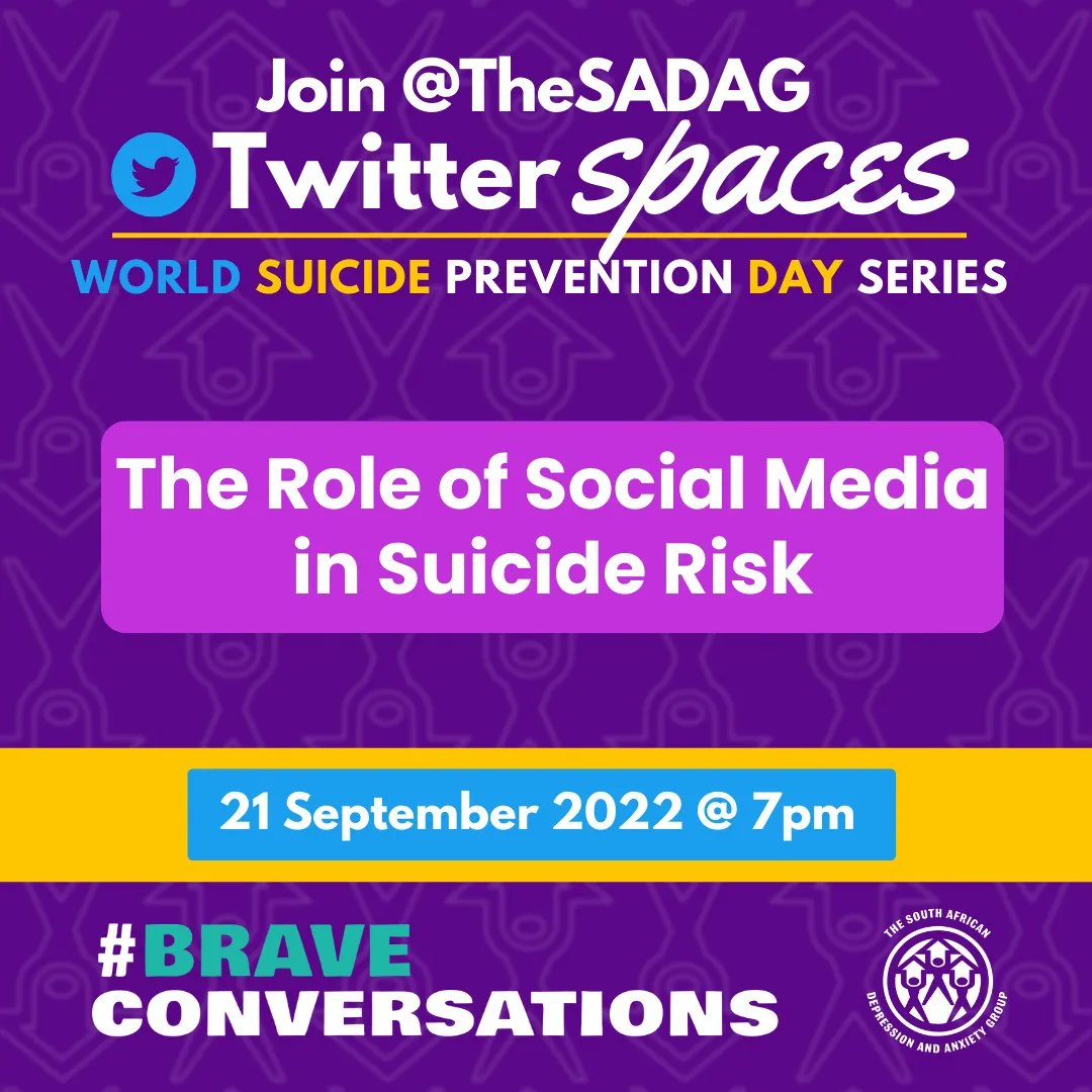 TheSADAG's tweet photo. Join us at 7 pm tomorrow, 21 September for a #BraveConversation which we will be hosting on Twitterspaces where a panel of guests will be speaking more on the role of Social Media in Suicide Risk, at 7pm with panellists discussing Social Media and Suicide (21 September). https://t.co/KU4rRcdfJz