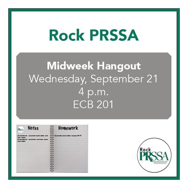 Finding a great hangout spot to complete your work just became easier. Come to ECB 201 tomorrow at 4 p.m. for Rock PRSSA’s Midweek Hangout! Every two weeks, you will have the opportunity to work on your assignments while socializing with other communication students.
