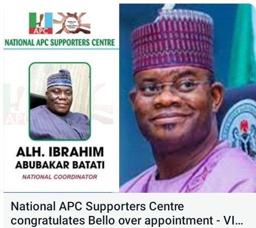 The National Coordinator, APC Supporters Center Alhaji Ibrahim Batati congratulates HE. Gov. Yahaya Bello on his new appointment as the National Youth coordinator for Tinubu/Shettima campaign.