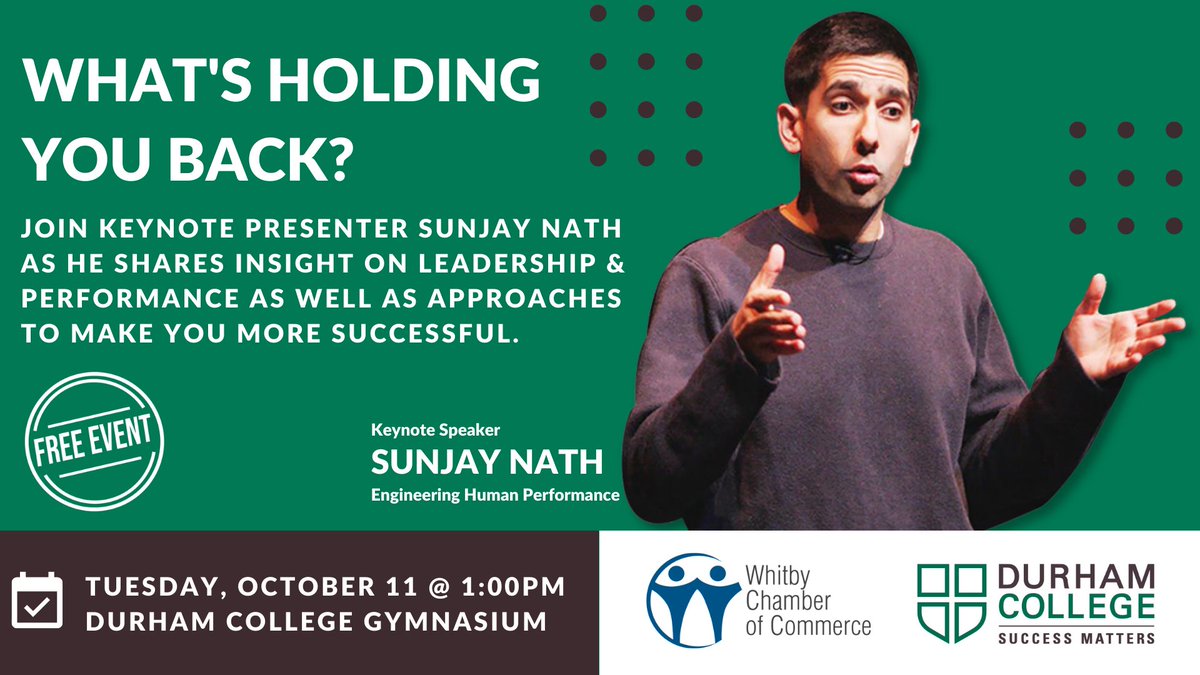 WhitbyChamber's tweet photo. FREE events continue at the Whitby Chamber thanks to @durhamcollege! Meet our keynote presenter @sunjaynath, who globally creates fun &amp; purposeful discussions regarding performance. Network with students, faculty and the business community this fall!
https://t.co/nhtw6xXZR4 https://t.co/X0i4p2xmrX