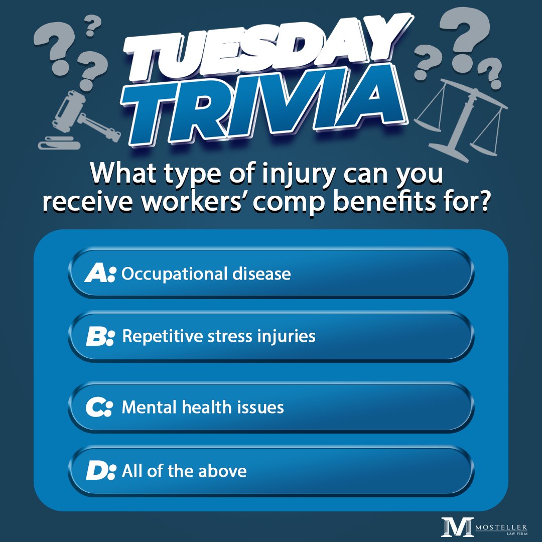Mostellerlaw's tweet photo. Workers’ Compensation laws are complicated, overwhelming and they’re changing every day. Let us help you get what you deserve! Schedule a free consultation. https://t.co/uoFlZKZqmk

#tuesdaytrivia 
#wefightforyou 
#mostellerlawfirm https://t.co/635YcDM7Lz