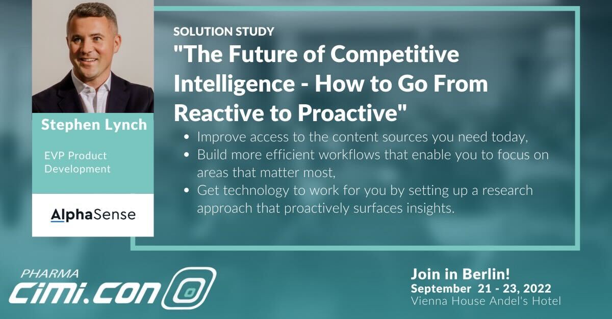 AlphaSenseInc's tweet photo. #CiMiCON 2022 is fast approaching!

Tune in on Thursday, 22 September from 8:30-9:00 am CEST to watch Stephen Lynch, EVP of Product Development at AlphaSense, giving an exciting talk on ‘The Future of Competitive Intelligence’.

Join free digitally: https://t.co/zXQJEmgqmG https://t.co/WD2voFOoCX