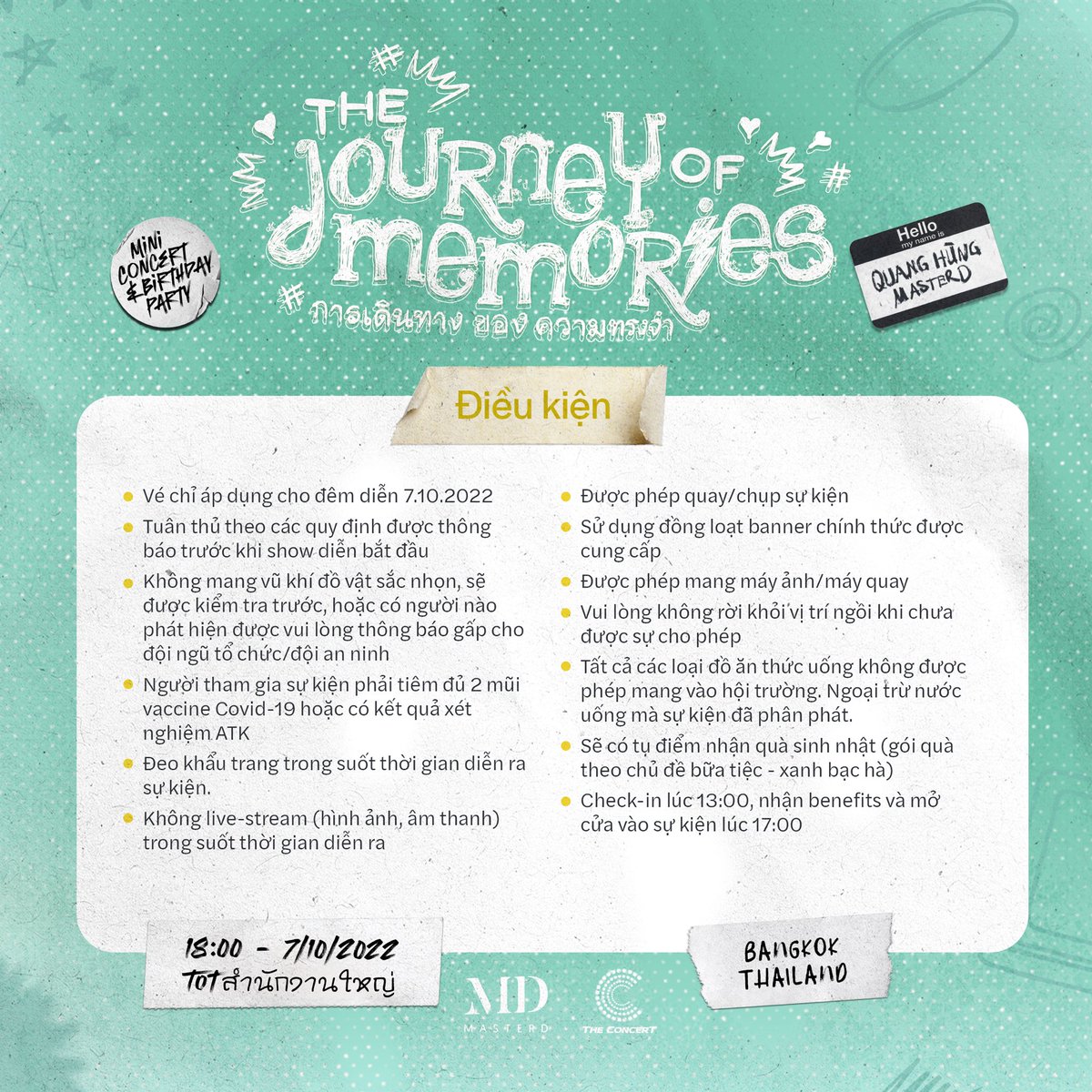 QH_MasterD's tweet photo. Những điều kiện quy định tại Mini Concert &amp; Birthday Party “The Journey of memories” 📌 

Vé sẽ được mở bán vào lúc 12:00 ngày 21.09.2022 tại ứng dụng The Concert hoặc truy cập website https://t.co/iGZbDyPnRt 
Tối đa mỗi user được mua 5 vé 🎫🎫🎫 https://t.co/sLqP7JBmfj