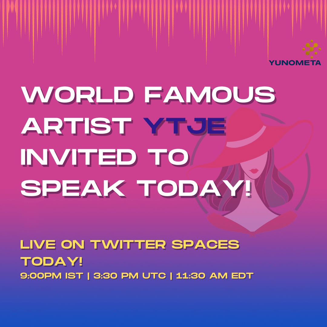 YunometaHQ's tweet photo. A team of world famous NFT artists have worked on our NFTs, one of them is coming to talk on our Twitter Space tonight. The famous #YTJE! Don't miss out on what she has to say about the #ChennaiOpen NFT Collection 2022 and her role in it.

#RareNFTs #LootboxNFT #EpicNFTs2022 https://t.co/mlbc6lxF0o