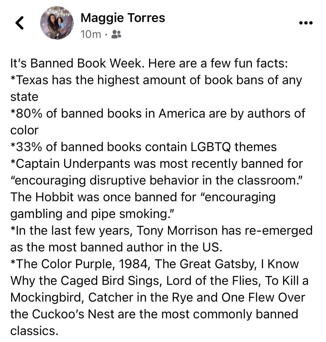 MrsTorresReads's tweet photo. Banned Book Week- what is your favorite banned book? https://t.co/YW1yVX1XPw