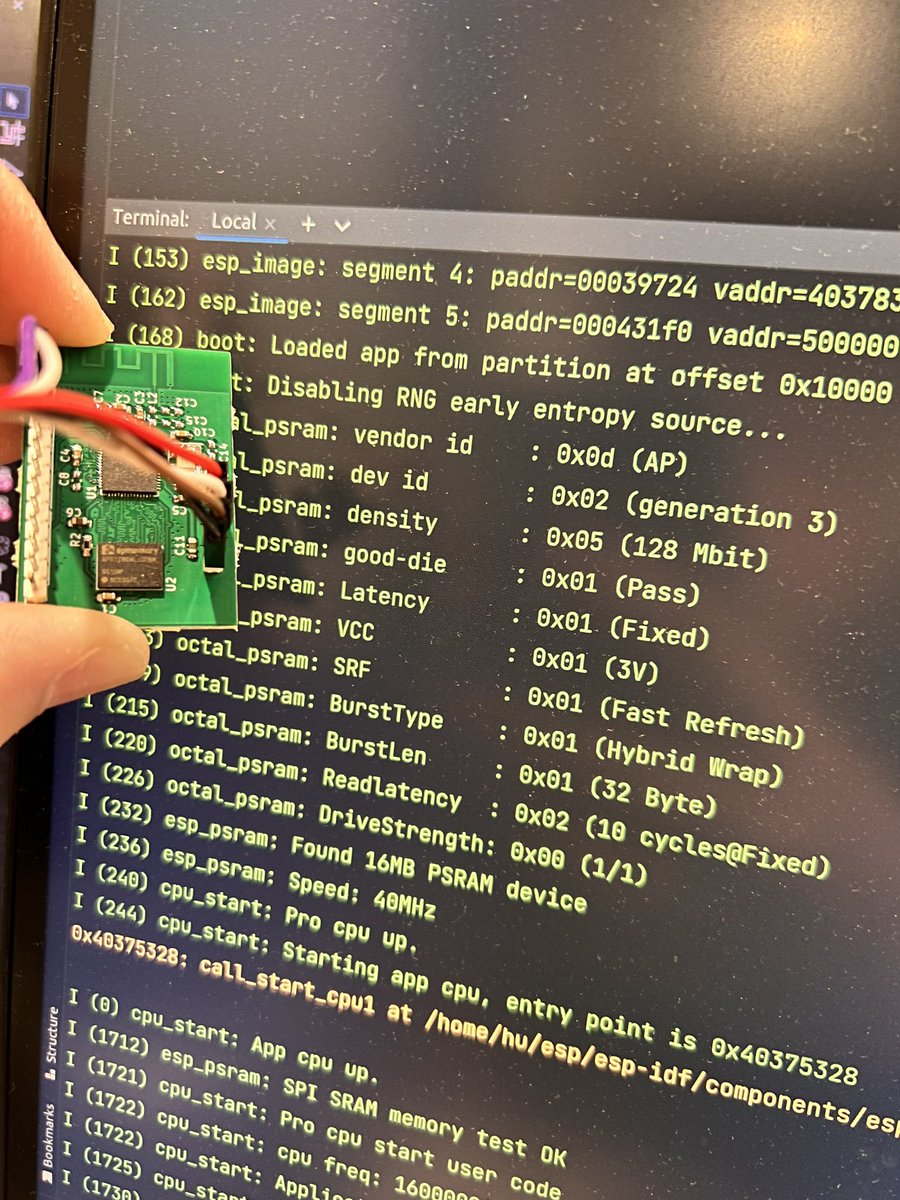 huming2207's tweet photo. Just tested ESP32-S3FN8 works fine with APS12808L with no modification needed for ESP-IDF. So yes, those ESP32-S3 NxR8 modules/chips are NOT the largest PSRAM option. We can choose to DIY now. https://t.co/BaoYfIMgg5