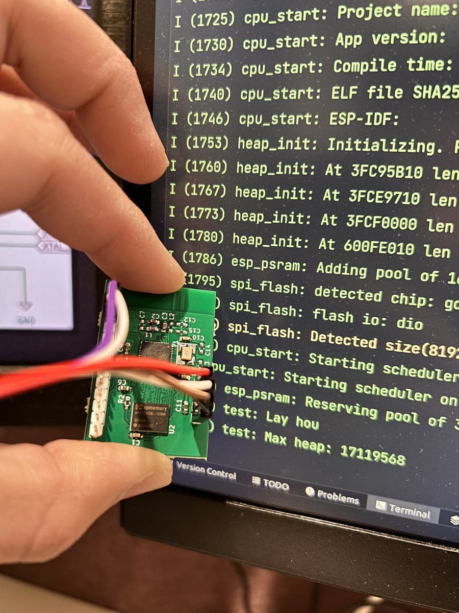 huming2207's tweet photo. Just tested ESP32-S3FN8 works fine with APS12808L with no modification needed for ESP-IDF. So yes, those ESP32-S3 NxR8 modules/chips are NOT the largest PSRAM option. We can choose to DIY now. https://t.co/BaoYfIMgg5