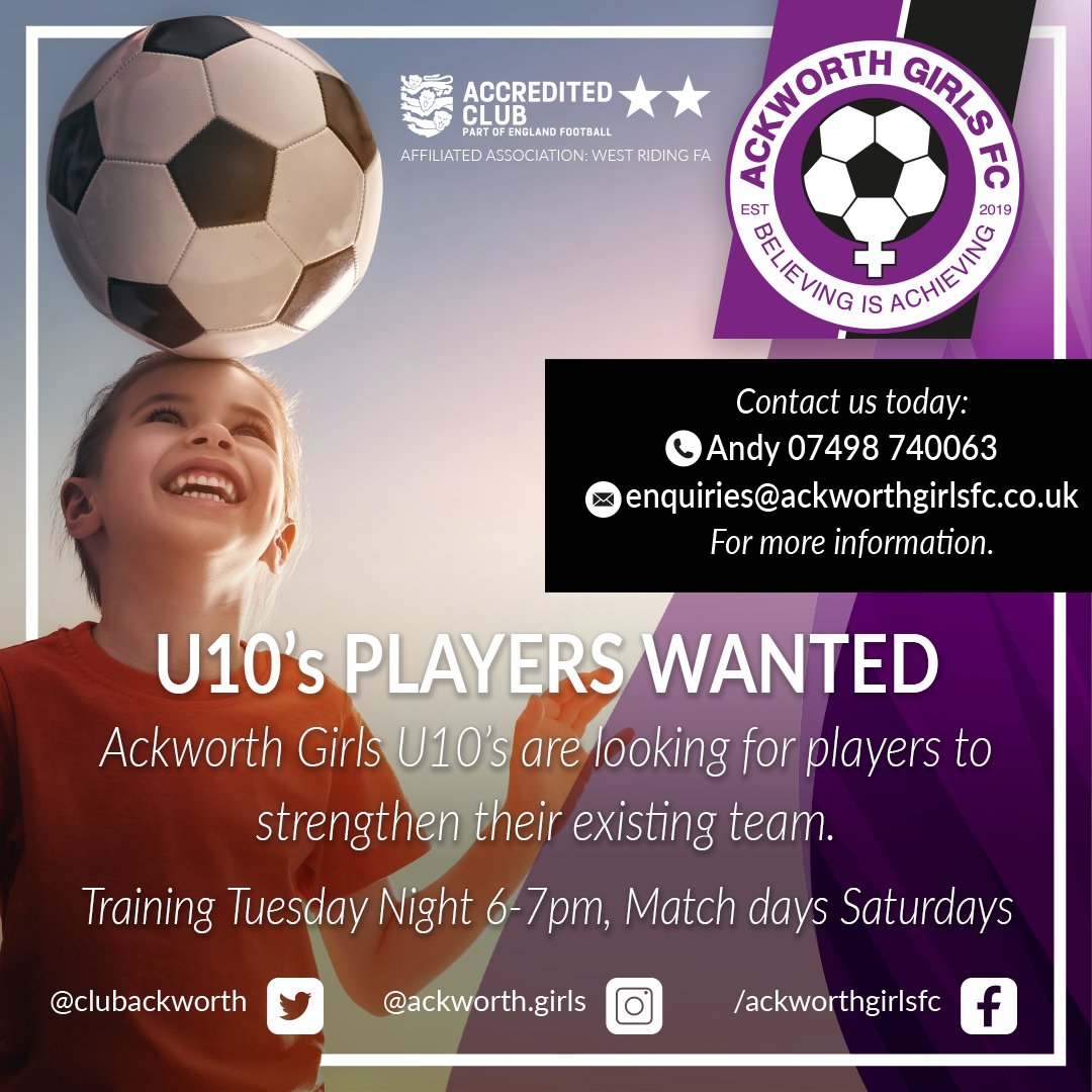 AGFC are currently looking for talented players to strengthen its current U10's squad. If you think your up to it please get intouch #agfc #grassrootsfootball #girlsfootballteam #girlsfootball