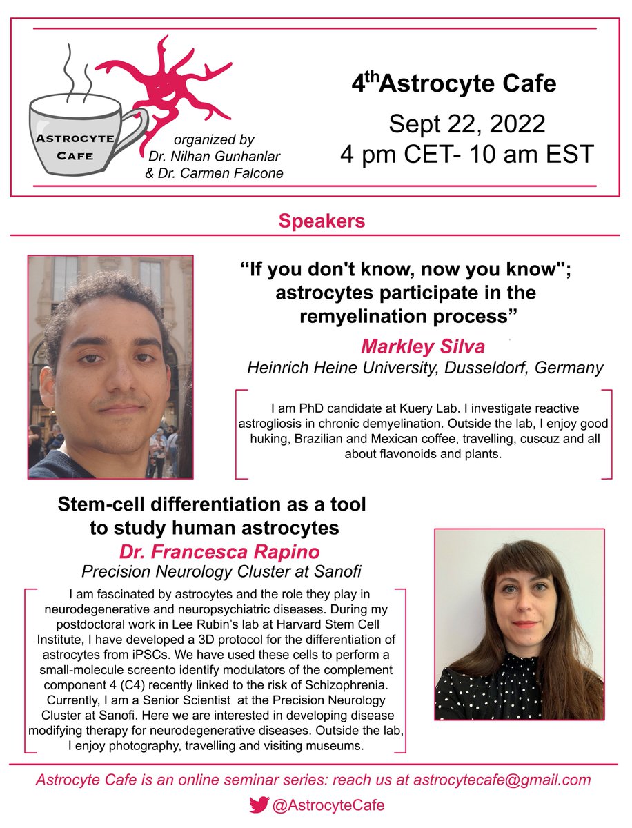 Join us for our 4th #AstrocyteCafe this upcoming Thursday and spread the word!

We look forward to hearing the talks by @kekohbio and <a href="/FrancescaRapino/">francesca rapino</a> 🙌🤩