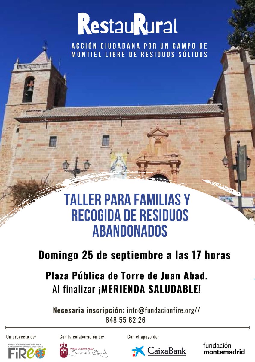 FundacionFire's tweet photo. El domingo os esperamos a las 17h en la plaza de Torre de Juan Abad #ciudadreal para realizar un taller y recogida de residuos. También disfrutaremos de una merienda saludable😋
¡Apúntate!📩info@fundacionfire.org ☎️648556226
#RestauRural @FMontemadrid @caixabank
#convocatoriaMADS https://t.co/uejpblrUcl