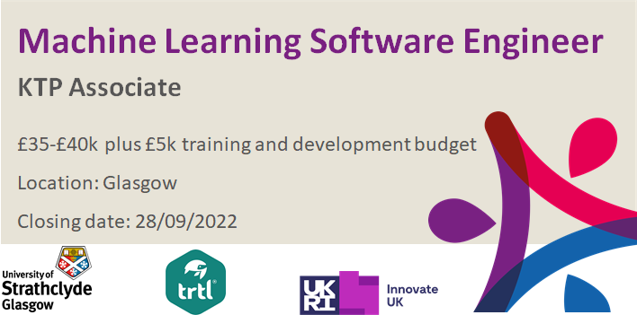#Recruiting! Fantastic opportunity! We are looking for a Machine Learning Software Engineer #KTP Associate to work on a 30 month project with <a href="/TrtlTravel/">Trtl</a> and <a href="/UniStrathclyde/">University of Strathclyde</a>. This position will be based in Glasgow. More info: ktpws.org.uk/Default.aspx?t…