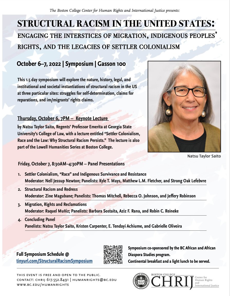 Please join the Center for Human Rights &amp; International Justice on October 6-7, 2022 for their Structural Racism in the US: Engaging the Interstices of Migration, Indigenous Peoples’ Rights, &amp; the Legacies of Settler Colonialism symposium! Register here: bit.ly/3xAMuJH