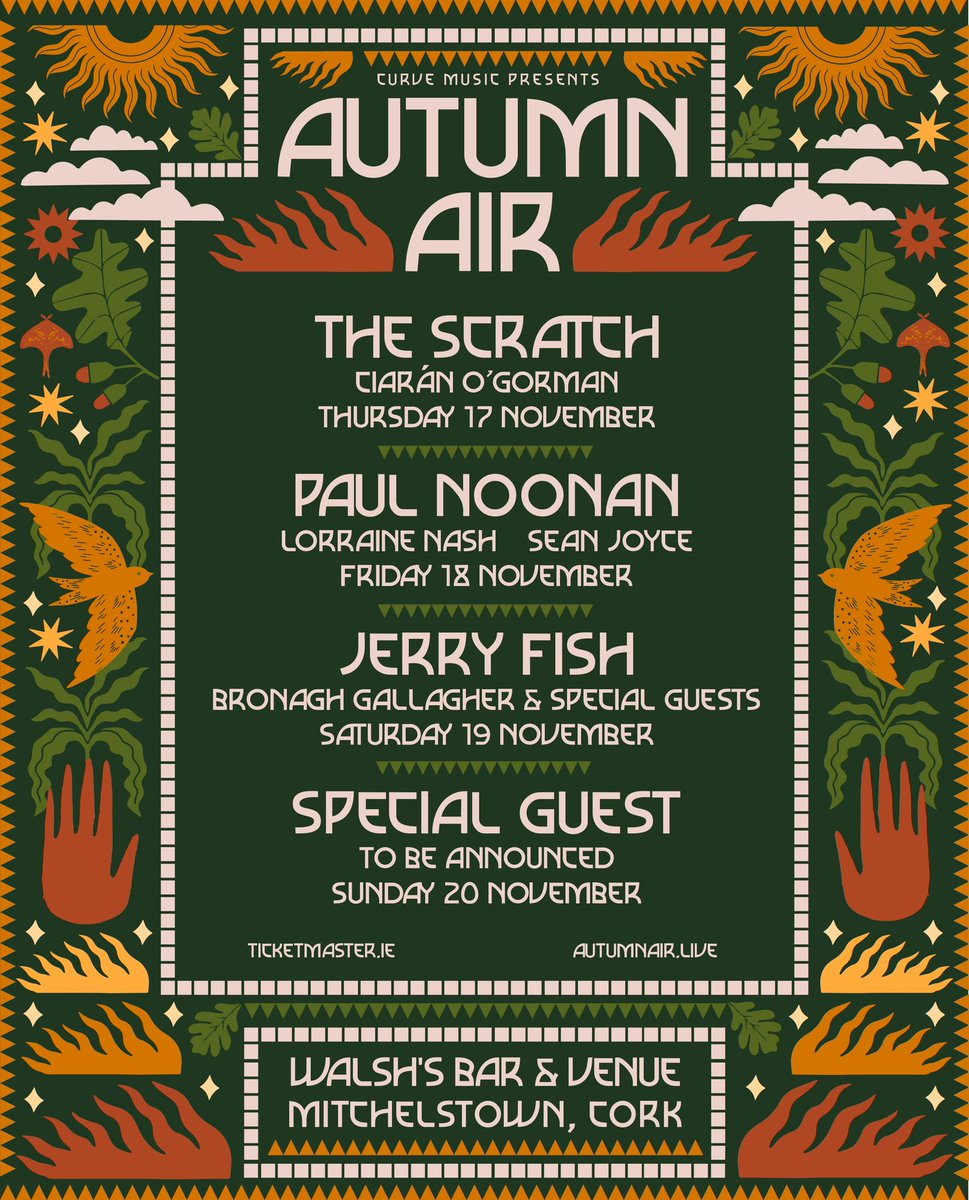 Autumn Air returns to Mitchelstown at <a href="/WalshsBar/">Walshs Bar</a> on Nov 17-20. Next summer seems a long way away so delighted to be doing some intimate shows in Mitchelstown this November. Final show will be announced soon. First three on sale this Friday from <a href="/TicketmasterIre/">Ticketmaster Ireland</a> #AutumnAir