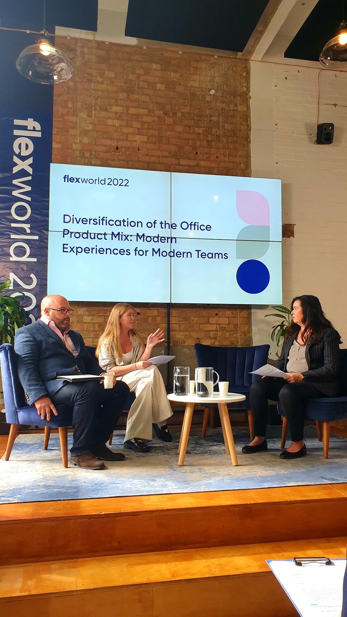 officernd's tweet photo. @Simon_OSIT and Georgia Sandom "People have started seeing the value of coming back to the office, but it's all about service, service, service." 🏢 #flexworld2022 https://t.co/2tvkmq9Fso