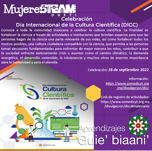 MujerSTeamDGETI's tweet photo. Este #Martes de #AprendizajesGuiebiaani compartimos la invitación a la Celebración del Día Internacional de la Cultura Científica (DICC). Convoca a toda la comunidad mexicana a celebrar la cultura científica. La finalidad es fortalecer la ciencia con diversas actividades. https://t.co/A9ZpFjcBFW