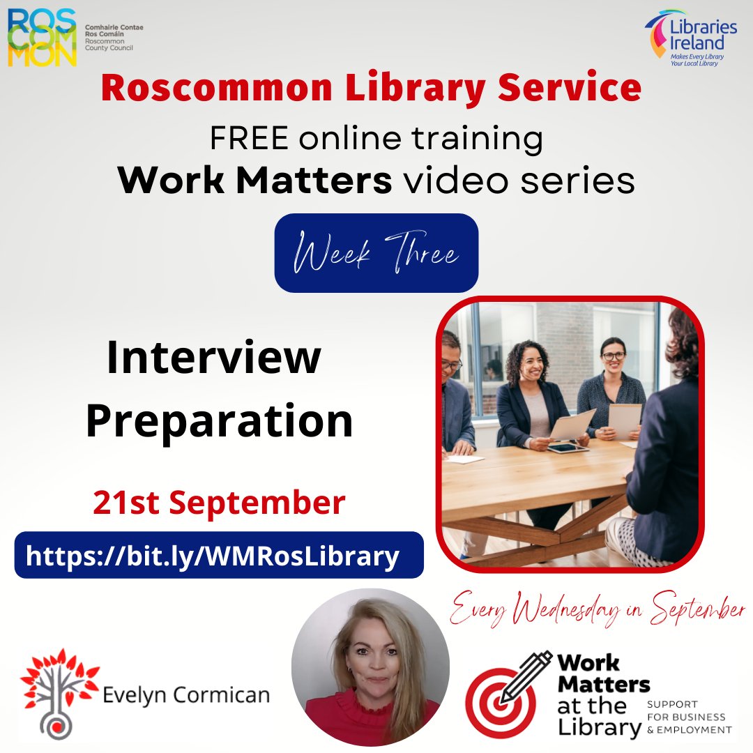 Roscommon Library Service series of #WorkMatters videos every Wednesday in September.

Careers coach Evelyn Cormican, introduces weekly topics - videos are on the Roscommon Library Work Matters website. 

Week 3 Wed 21 Sept: ‘Interview Preparation’

<a href="/LibrariesIre/">Libraries Ireland</a>