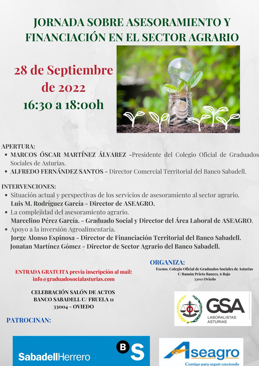 El próximo 28 de #septiembre2022 estaremos participando en una jornada de interés para el sector #agroalimentario junto con el @ColegioGraduados <a href="/BancoSabadell/">Banco Sabadell</a>
analizaremos las tendencias principales del asesoramiento en el #agro👇👇 y vias de #FINANCIACIÓN #reservalacita