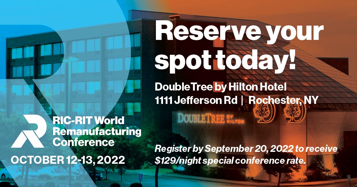 Be sure to make your hotel reservations for the RIC-RIT World Remanufacturing Conference. The conference rate is scheduled to expire TODAY. 
hilton.com/en/attend-my-e…
#worldreman #remanufacturing #circulareconomy