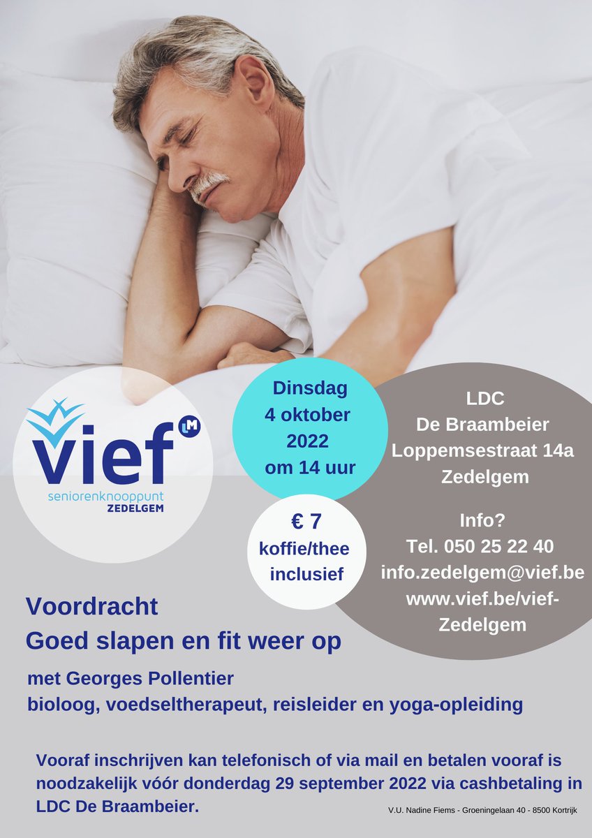 viefwest's tweet photo. Slapen is noodzakelijk en hierbij kan slapeloosheid echt de pest zijn. Wat zijn de oorzaken van slapeloosheid? Welke natuurlijke middelen kunnen ons helpen? Welke slaaptechnieken bestaan er?
Voor meer info, surf naar https://t.co/uIwMsaAy06.
#Vief #senioren #slapen https://t.co/waKZFNOael