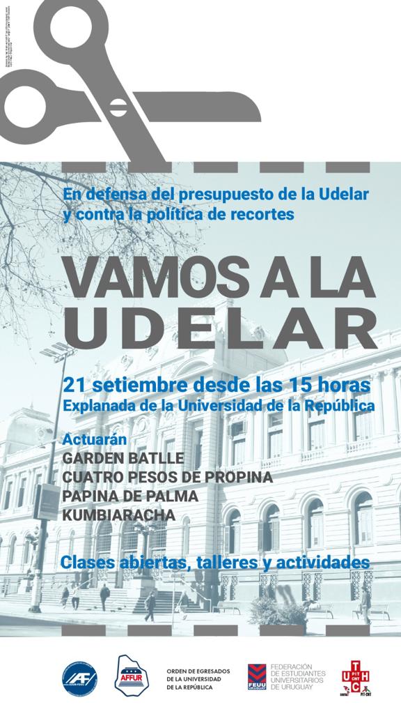 21 de Setiembre, Paro de 24 horas para movilizarnos:

En la mañana:
⏰ 9:30h: Concentración frente al anexo del P. Legislativo, para acompañar la delegación institucional

#21VamosALaUdelar 
#MásPresupuestoParaUdelar 
#QueNoteDeLoMismo