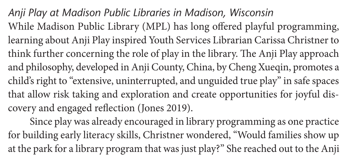 LetsMoveLibrary's tweet photo. New research on "Public Libraries as Centers for Play" includes case study of @madisonlibrary's @anjiplay initiative, and so much more!
Gray, P., Solomon, A. E., &amp; Tatgenhorst, L. Public Libraries as Centers for Play. American Journal of Play, 14(2). https://t.co/fT35PhR0kO https://t.co/g2rtoHPRSm