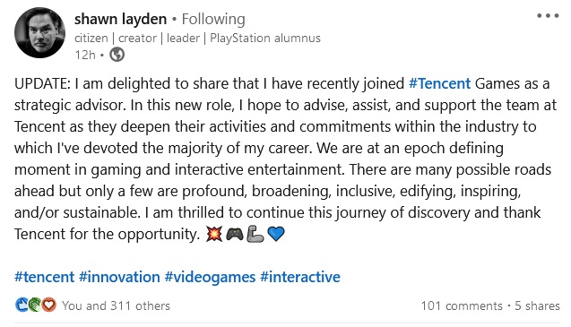 FueraDelControl's tweet photo. El ex-presidente y CEO de Sony Interactive Entertainment America #ShawnLayden anuncia en su cuenta de #LinkedIn que se une a #TecentGames como asesor estratégico https://t.co/X3BE6Zw4k3