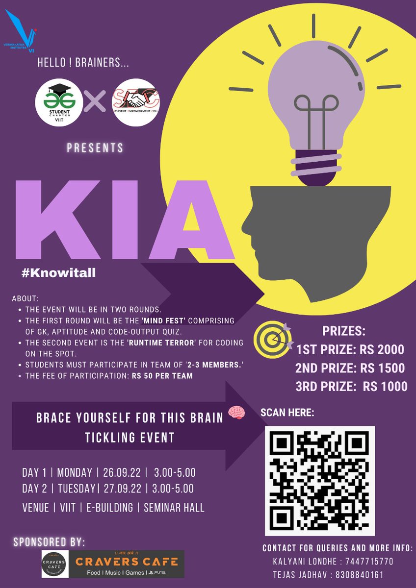 SecViit's tweet photo. Greetings, Folks! 💫
GFG &amp; SEC VIIT are conducting a brain 🧠 tickling event: ‘ Know It All !!!’
🤩PRIZES
🥇1st Prize: Rs 2000
🥈2nd Prize: Rs 1500
🥉3rd Prize:  Rs 1000
🎖And Certificates to all participating teams.
 
Registration Link: https://t.co/RXDhFbXN2G https://t.co/FUMR9wnzZB