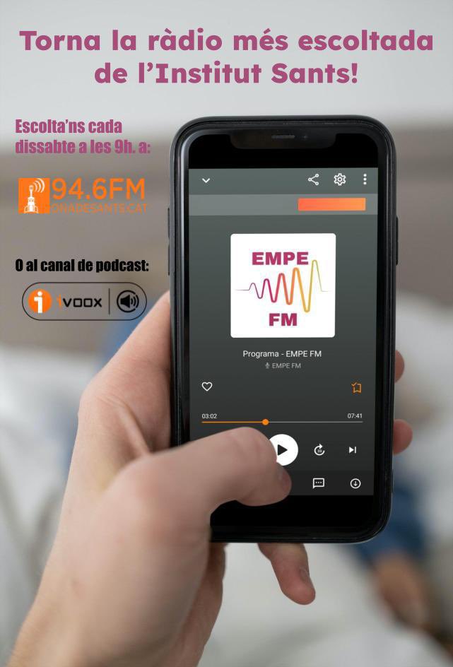 InstitutSants's tweet photo. Aquest dissabte, diada de la Mercè, estrenem la 2a temporada d’Empe FM, la ràdio de l’Institut Sants! A les 9h per @onadesants i al nostre canal d’Ivoox! No us ho perdeu! #radioescolar #empefm #lamerce2022 #InstitutSants https://t.co/f1bnGDqfLX