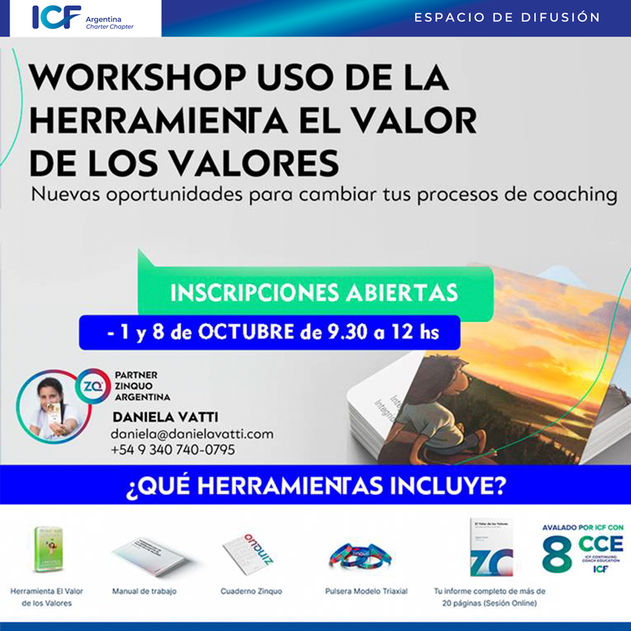 ICFArgentina's tweet photo. ICF WORKSHOP EL VALOR DE LOS VALORES
MIEMBROS DE ICF 15% DESCUENTO SOLO HASTA 23/09
CONSÚLTANOS
Info daniela@danielavatti.com
daniela@danielavatti.com
#energia #Crecimiento #ICF #ICFLatam #ICFArgentina #Coaching #CoachingArgentina https://t.co/CUKBpfgoQj