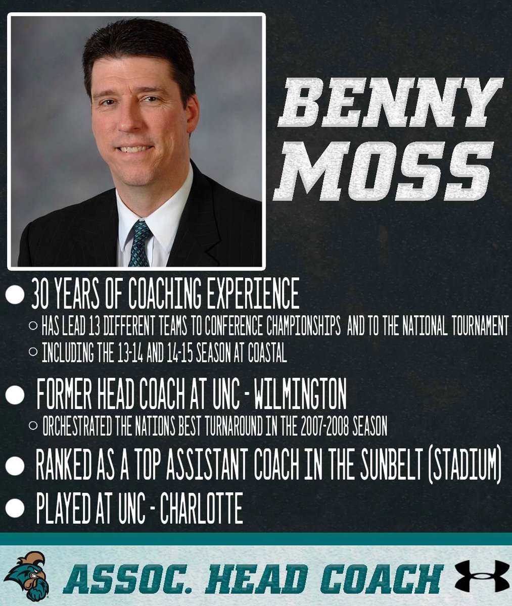 CoastalMBB's tweet photo. As we start to look forward to the season we want to introduce our staff. 
Benny Moss is our Associate Head Coach. This is his 12th season working for Coach Ellis at Coastal Carolina. Moss is known throughout the business for player development, recruiting, and game planning. https://t.co/4tSPxCzcaG