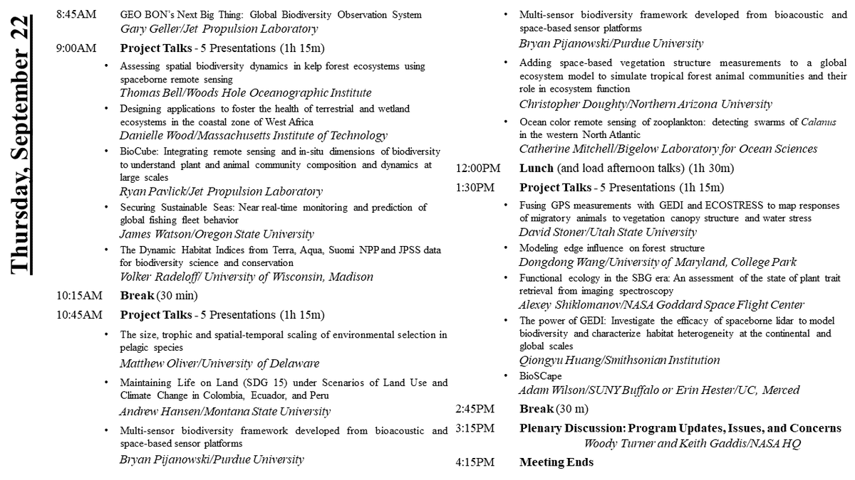 BzGEO's tweet photo. And here's the full lineup of @NASAEarth #Biodiversity & Ecological Forecasting team mtg talks, courtesy of @DrKeithGaddis's slides. This will be a LOT of #EarthObservation #SciComm in action!π
Also in:
https://t.co/E0EXgDIUfA. #NASABEF #BEF https://t.co/YKqxLjwjTE
