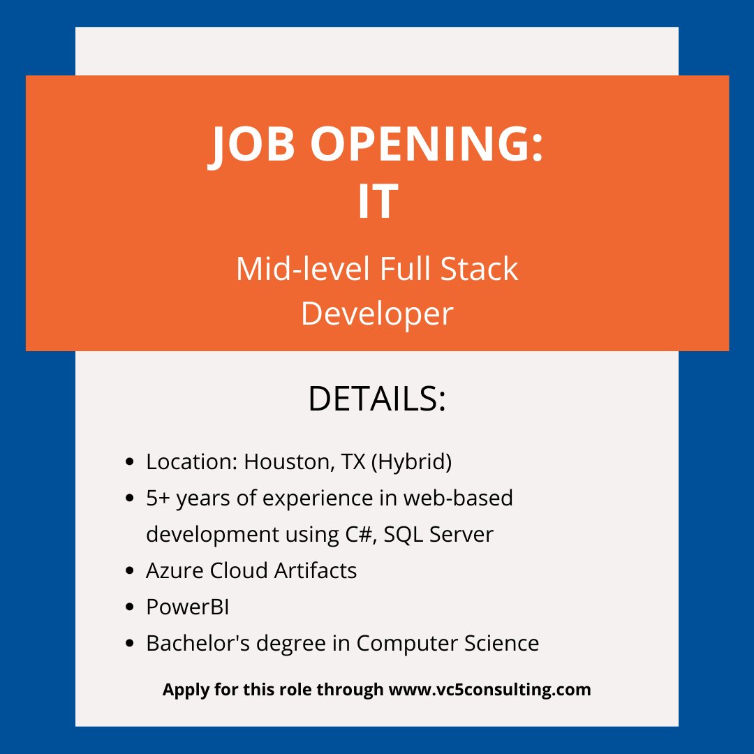 🚨#HOTJOBALERT🚨

Calling all Full Stack Developers 🗣🗣🗣

Our client is seeking a Mid-level Full Stack Developer to join their #hybrid team in Houston, TX!

lnkd.in/g_uXBkUY

#fullstackdeveloper #hiring #hiringtech #developerjobs #houstonjobs #peoplefirst #aimhigher #VC5