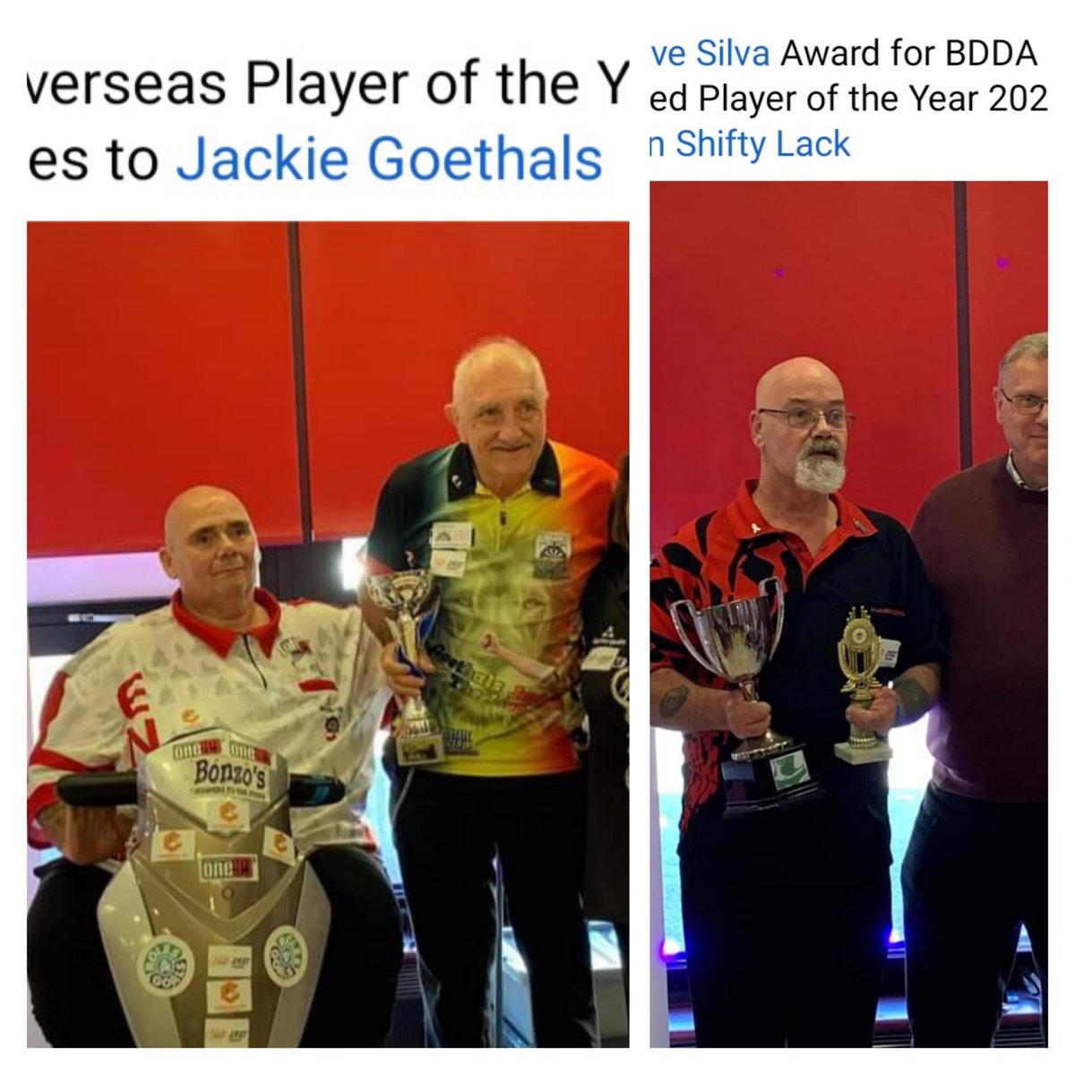 Bdda Awards. 
Overseas player of the year.
Jackie Goethals.  Belgium 🇧🇪 
The Dave silva most improved player of the year .
Kev lack .
<a href="/WorldParaDarts/">Sarah Smale</a> 
<a href="/DartsWDF/">WDF Darts</a> 
<a href="/EDOdarts/">England Darts</a>