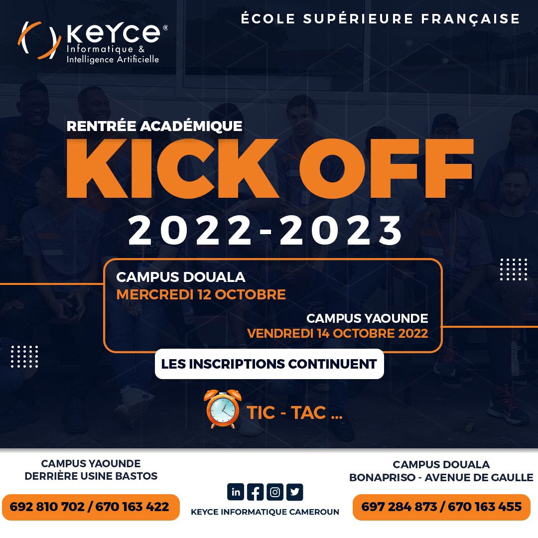 [KICK KOFF 2022]

Ne manquez pas le départ du train…🚂

L’École Supérieure Française🇫🇷 Keyce Informatique &amp; Intelligence Artificielle,🦾 a l’honneur de vous annoncer LA CEREMONIE OFFICIELLE DE LANCEMENT DE L’ANNÉE ACADÉMIQUE  2022-2023.