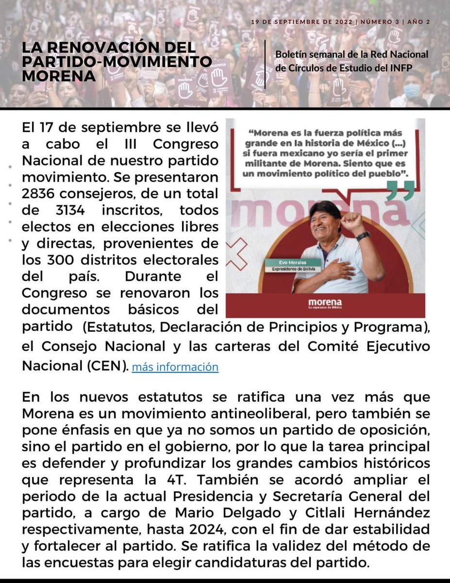 RECEQro's tweet photo. Excelente día ☀️ ¡Como cada semana les presentamos nuestro #BoletínInformativo🗞️📰

Hoy damos un análisis del tercer congreso nacional y de la renovación del PartidoMorenaMx 

Detente a leerlo y recuerda que es importante #informarparatransformar 🤓 https://t.co/QBIWYKlszs