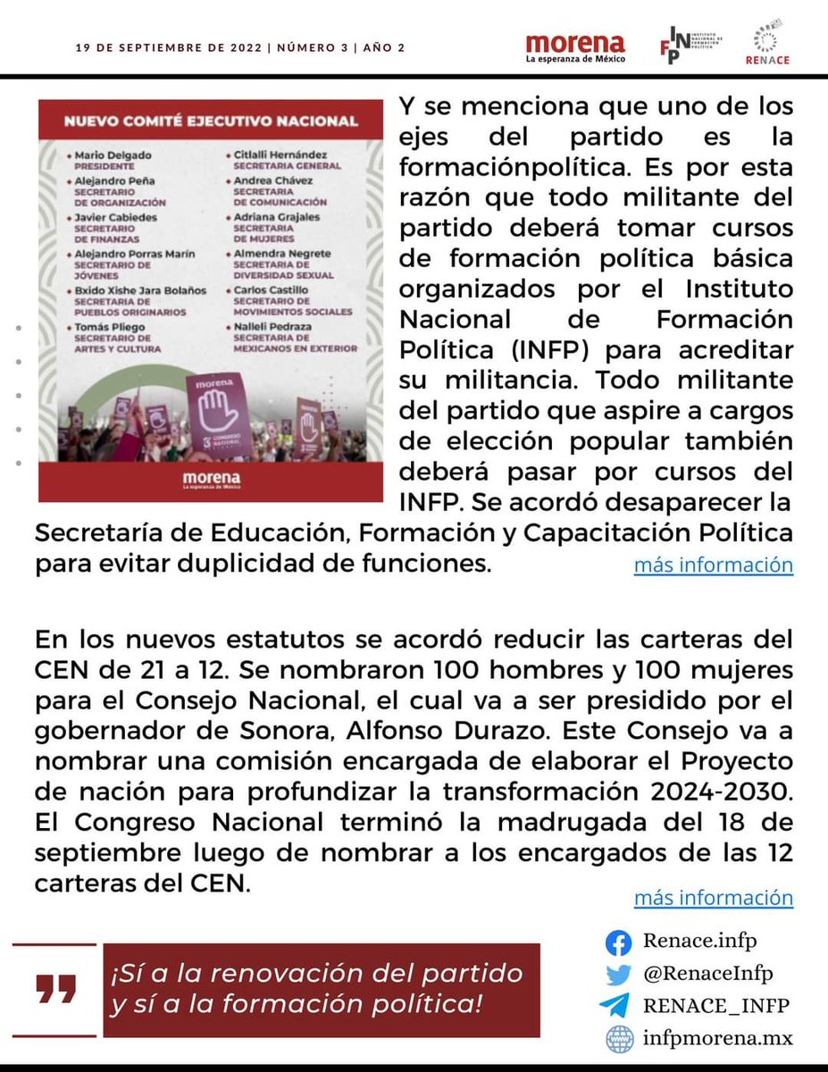 RECEQro's tweet photo. Excelente día ☀️ ¡Como cada semana les presentamos nuestro #BoletínInformativo🗞️📰

Hoy damos un análisis del tercer congreso nacional y de la renovación del PartidoMorenaMx 

Detente a leerlo y recuerda que es importante #informarparatransformar 🤓 https://t.co/QBIWYKlszs