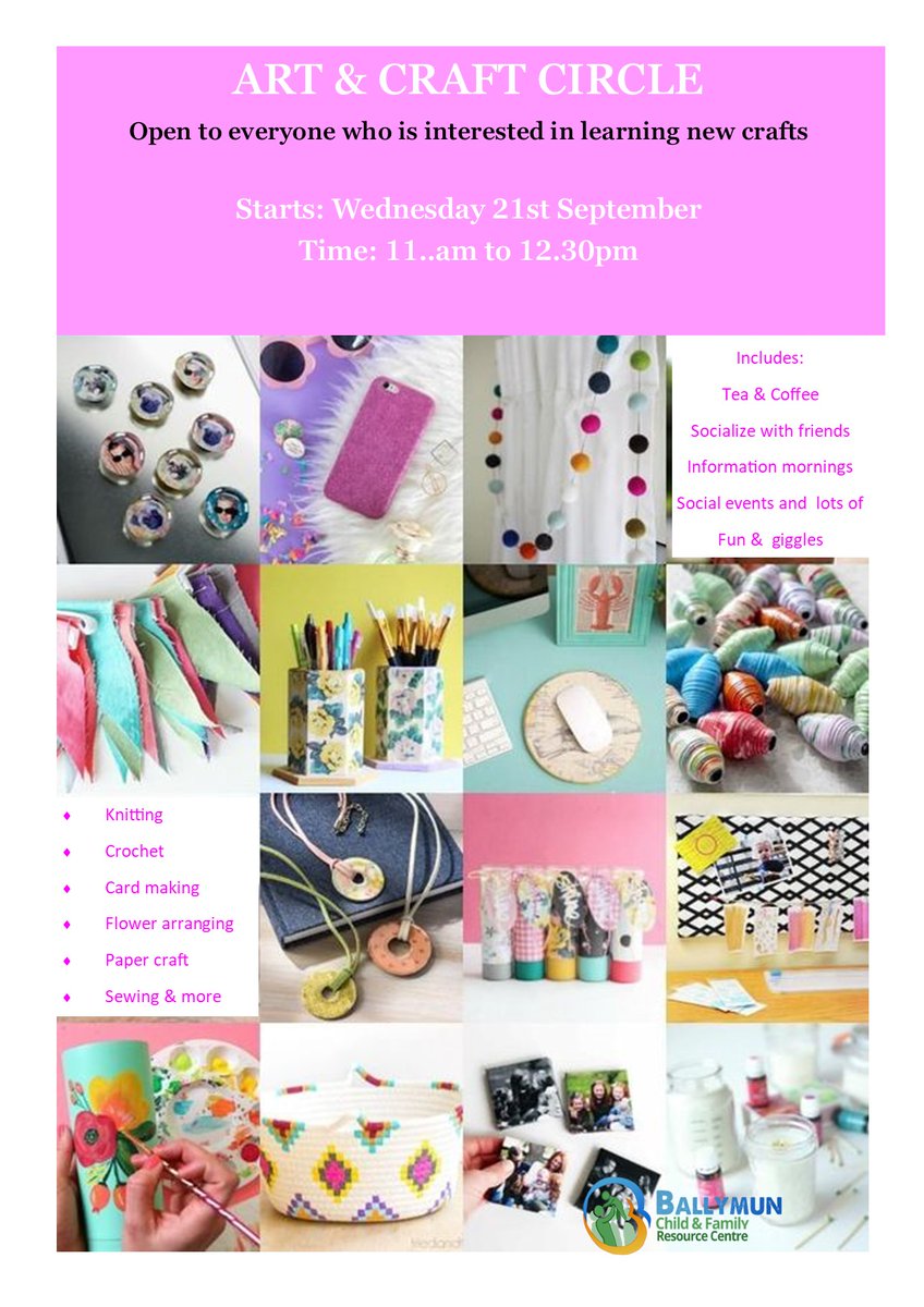 BCFRC1's tweet photo. Art & Craft Circle STARTS tomorrow from 11-12.30pm and WE CANT wait to see everyone who signed up ๐๐๐If you or anyone you know would like to come along give us a call on 01-8527183, DM our page or pop in on the day ๐
#Socialise #MakeSomeFriends #ComeAlong https://t.co/3pGtD2GdlR