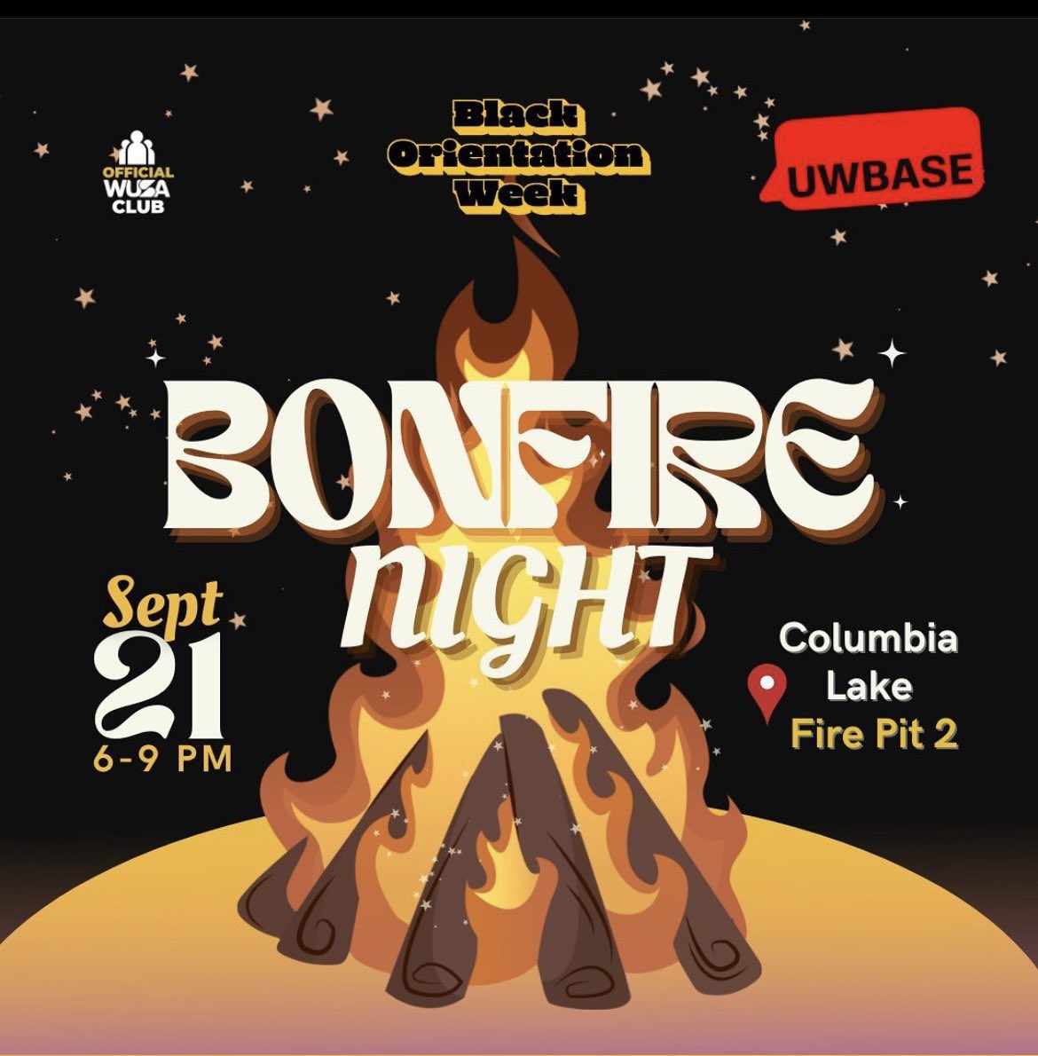 Come get cozy with us at our Bonfire Night which is taking place this week Wednesday, 21st September from 6-9pm at Columbia Lake Fire pit 2!

Bringing you all of the vibesss,get ready to bask in the heat of the fire 🔥, meet new people😊, play games 🎲 and much more!!!💃🏾