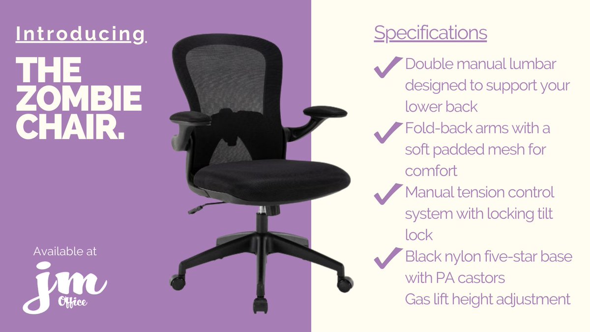 Introducing the Zombie #chair. 

Providing a high level of #support and #functionality at an affordable price point. 

Shop today 👉 jmoffice.co.uk/zombie-mesh-ba…

#seating #officedesign #officefurniture #officeinteriors