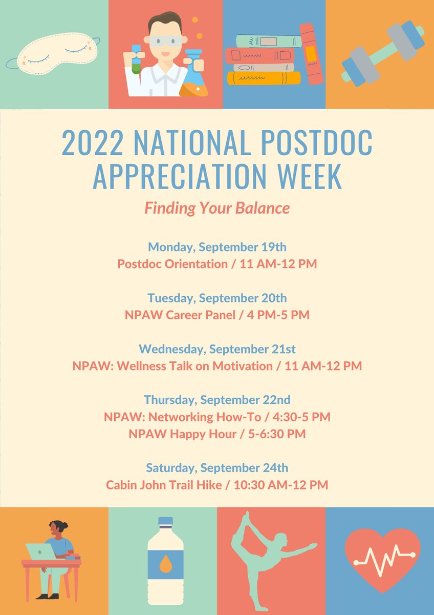 Happy NPAW to all postdocs! 
Join us for various events lined up for this week. 
#NPAW2022 <a href="/nationalpostdoc/">nationalpostdoc</a> <a href="/gumedcenter/">GU Medical Center</a> <a href="/biomedgrad/">BioMedGrad</a>